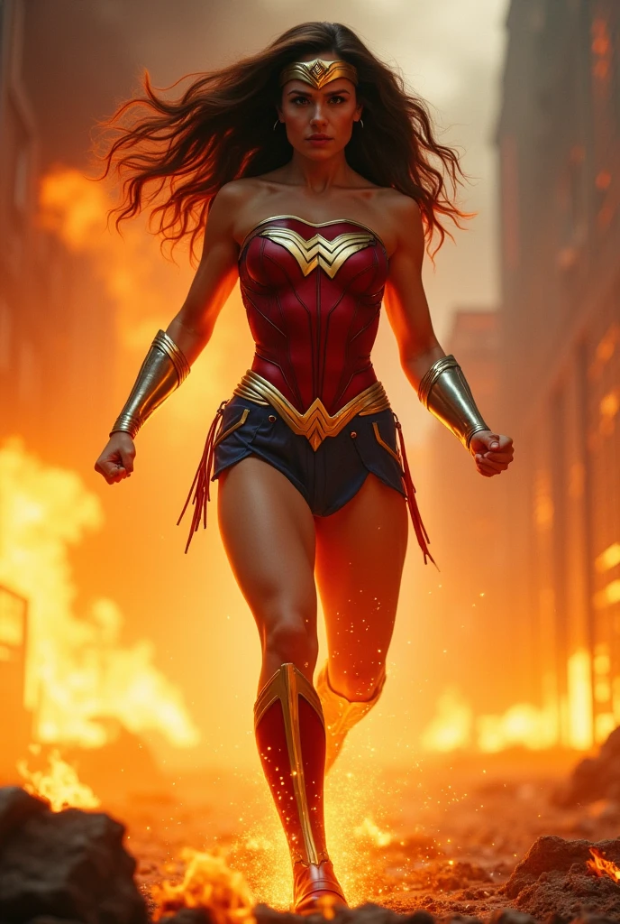 A beautiful, completely bald woman wearing the costume of the Amazon warrior Wonder Woman (((Red and blue leather jumpsuit)))Silver colored diaema with a star on her forehead silver colored bracelets red leather boots long to her knees flying over an apocalyptic city skyscrapers on fire