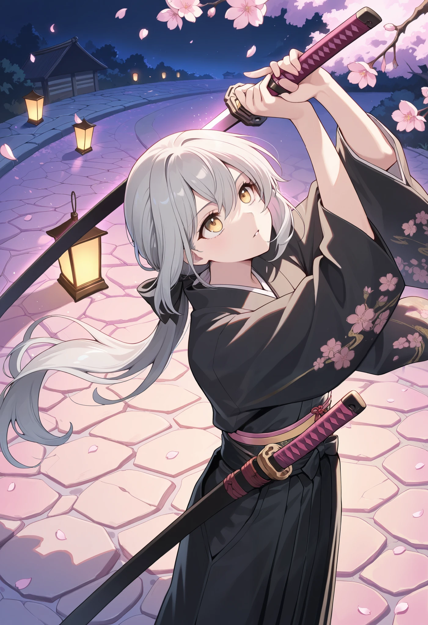 (Masterpiece, best quality) ,highly detailed, intricate details, JK, from above, lifting up lantern, looking up, colorful flowers, kimono with layers of delicate black and pink silk, adorned with intricate embroidery of golden thread, long hair, gray hair, low ponytail, black kimono, light skin, yellow eyes, swordbelt, sword sheathe, sword pommel, pink glow, cherry blossoms, falling petals, night, unsheathing, shadows, cherry blossoms in full bloom, cobblestone path, pink glow,