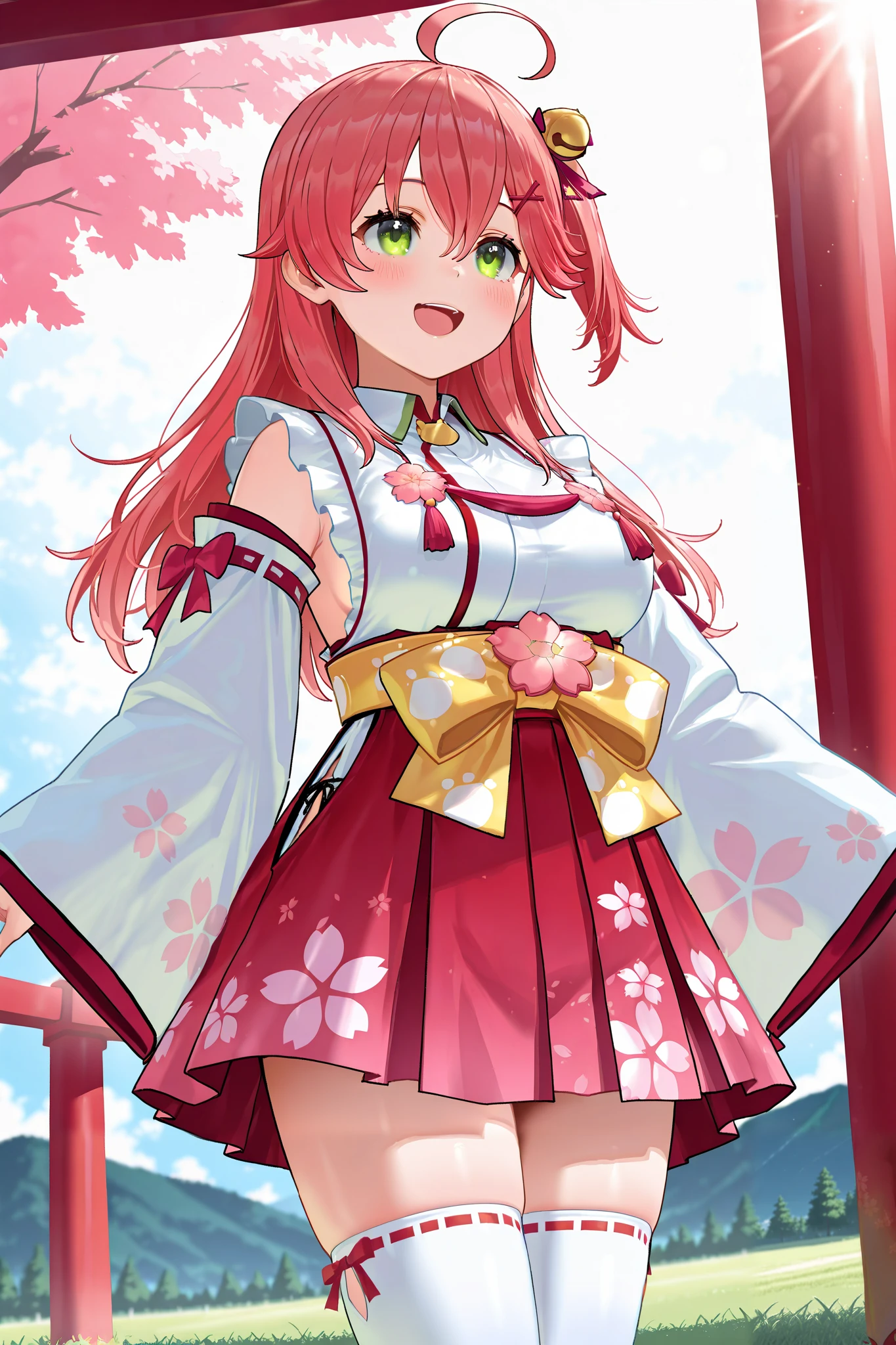best quality, highres, miko1, sakura_miko,virtualyoutuber 1girl, big_, solo, ahoge, x_hair_ornament, light_red_hair, floral print, hairclip,(side_less_clothes:1.5), hair_bell, floral print, long_hair, hair between eyes, one side up, white thighhighs, asymmetrical legwear, wide sleeves, open_mouth,(happy:1.3),green_eyes,big_smile,plump,half_closed_eyes,(overly_long_sleeves:1.3),),sleeves_past_wrists,hands_hidden_sleeves,sidelock_clothes,solo,hidden_wrists,covered_nipples,sunlight,cherryblossom_temple_landscape_background,rise_arms,
