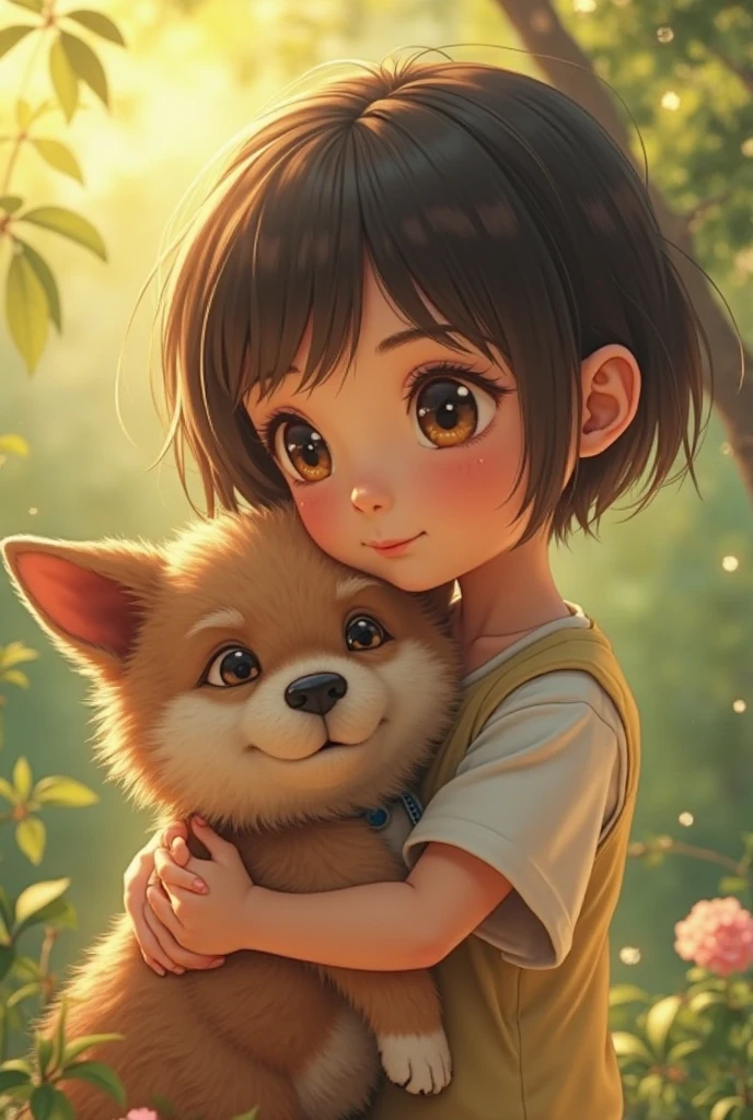 An incredibly charming little girl carrying a backpack, playing with her adorable puppy, enjoying a beautiful spring walk in the park, gorgeous pink flowers and natural landscapes. The illustration is in high definition in 4k resolution, with highly detailed facial features and cartoon-style visuals, (Butterfly Dance)
