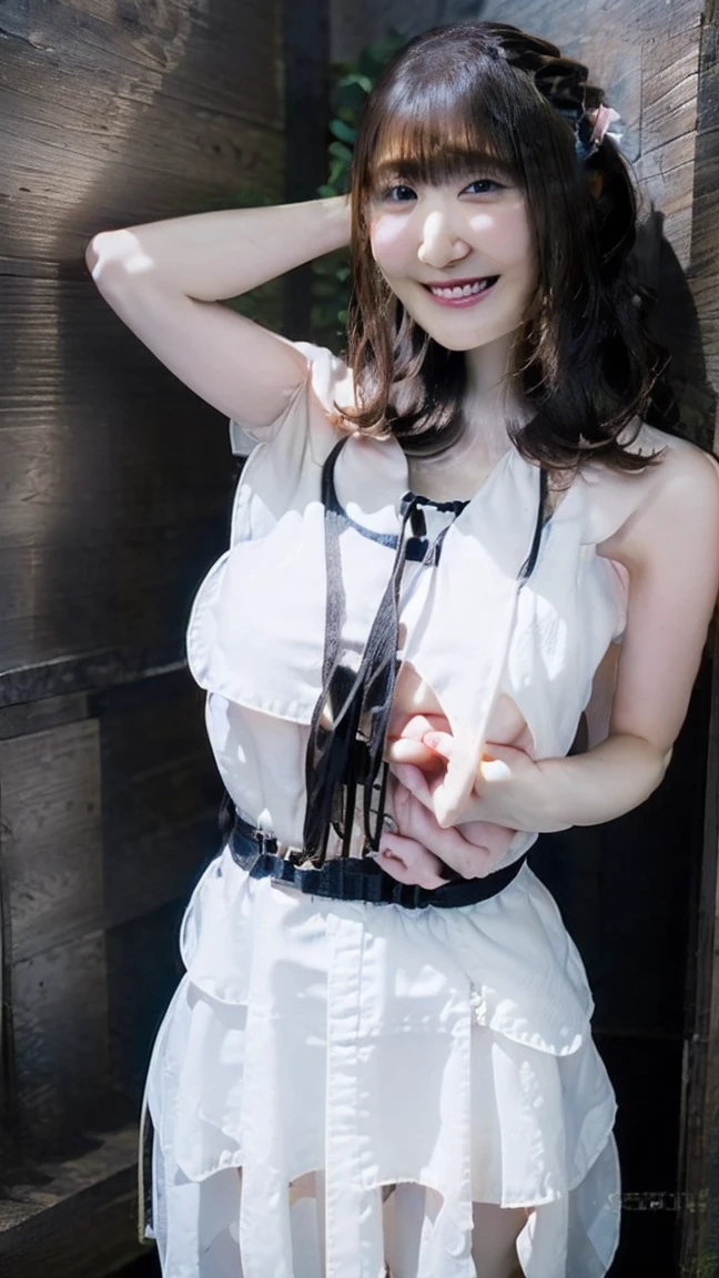 Highly detailed female photos, Japanese idol , smile , Scarlet Witch, the avengers, Wearing (a white see-through lace dress):1.3, middle breast , visible nipples , (red leather harness belt ):1.2, 8K Ultra HD, RAW Photos, Model photoshoot