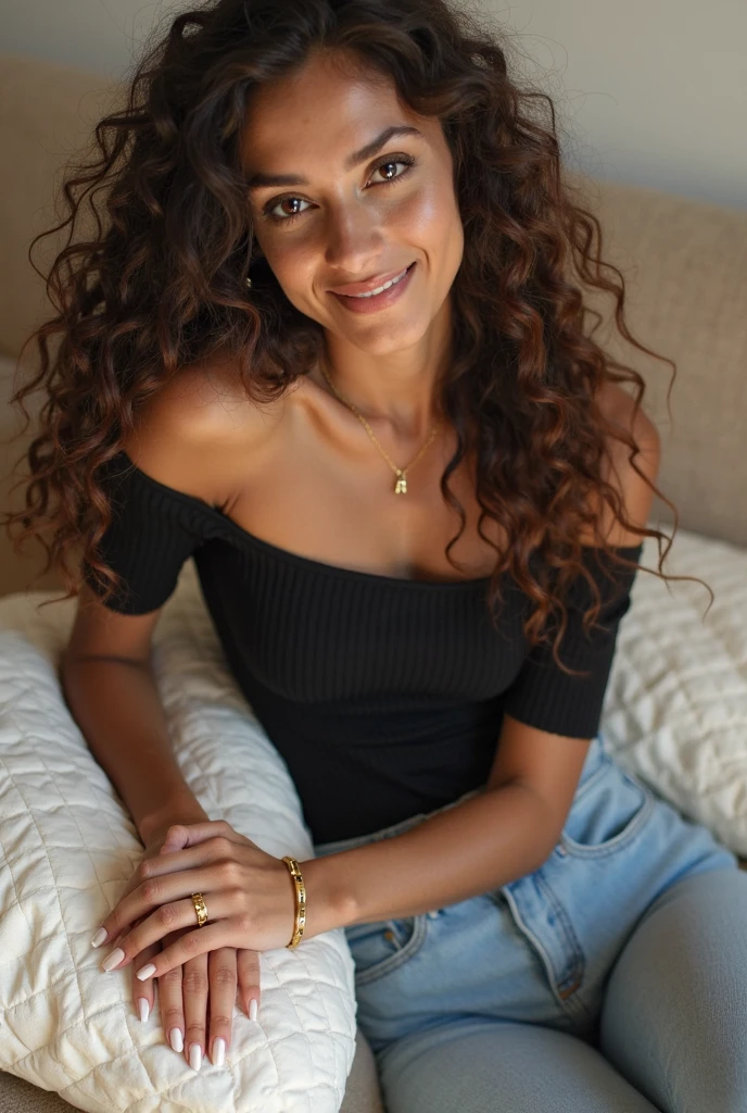 A brunette girl with curly hair and big breasts sits with her legs stretched out, taking a realistic photo