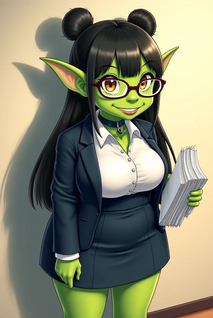 holding a pen and clipboard, background is fantasy medieval interior, nipple_outline
