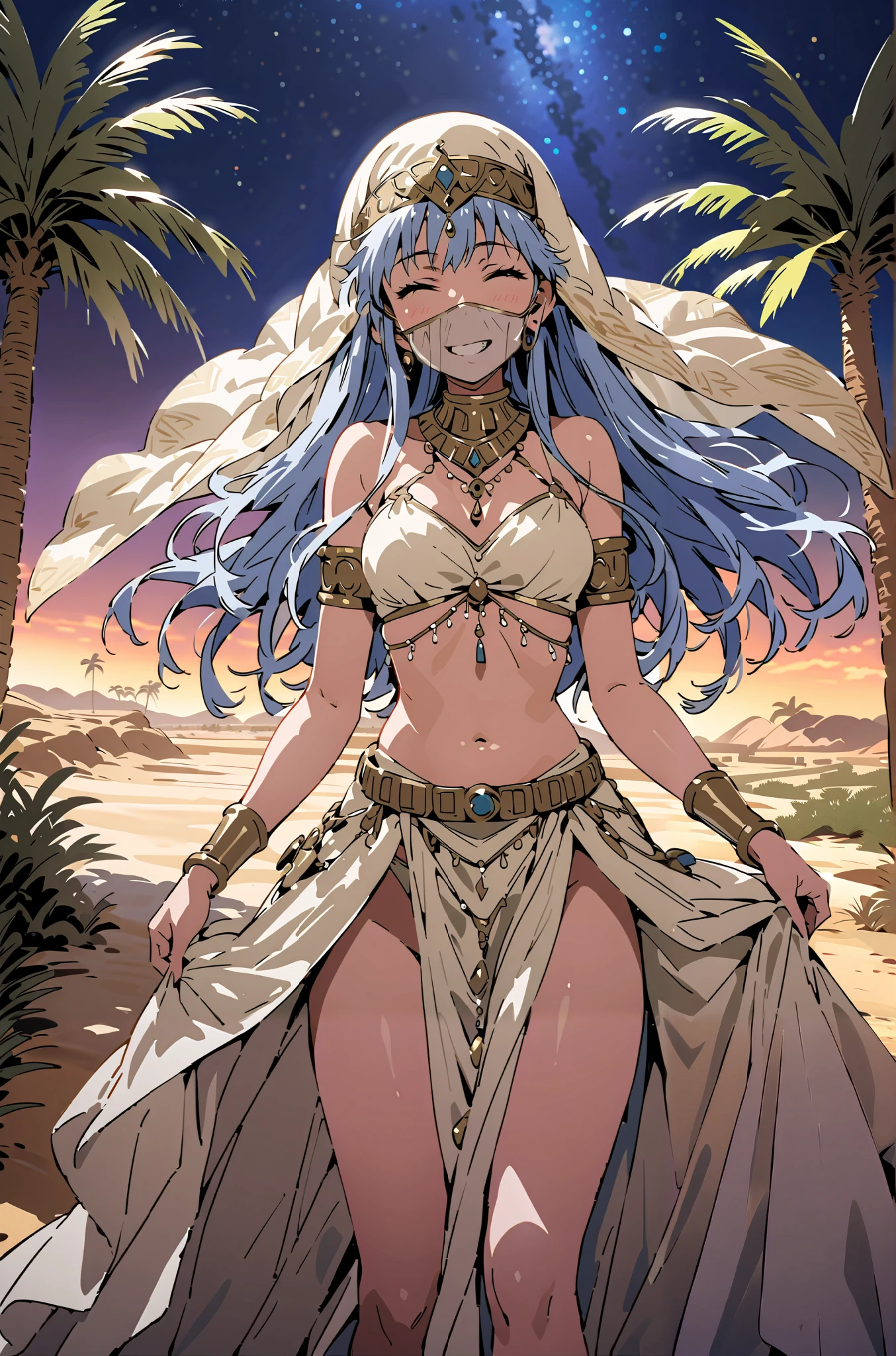 Prohibited bibliography, blue hair, long hair, Arabian clothing, dancer , mouth Veil, belly Dancing, Veil, Armlet,Bare legs,is standing,smile, grin ,close his eyes,night,Palm Trees,full bodyがillustrationに入るように,break outdoors, oasis, desert,
break looking at viewer,full body,
break (masterpiece:1.2), best quality, high resolution, Unity 8k Wallpaper, (illustration:0.8), very detailed face, so that it fits into the illustration, extremely detailed CG, (curved body, perfect anatomy),