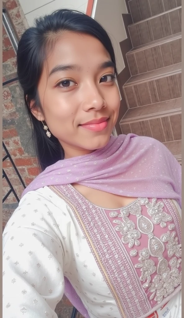 (((desi girl))), chubby face, natural skin, wearing hot deep neck top and dupatta, charming black hair, ((hair ends are blonde)), city streets background, bokeh