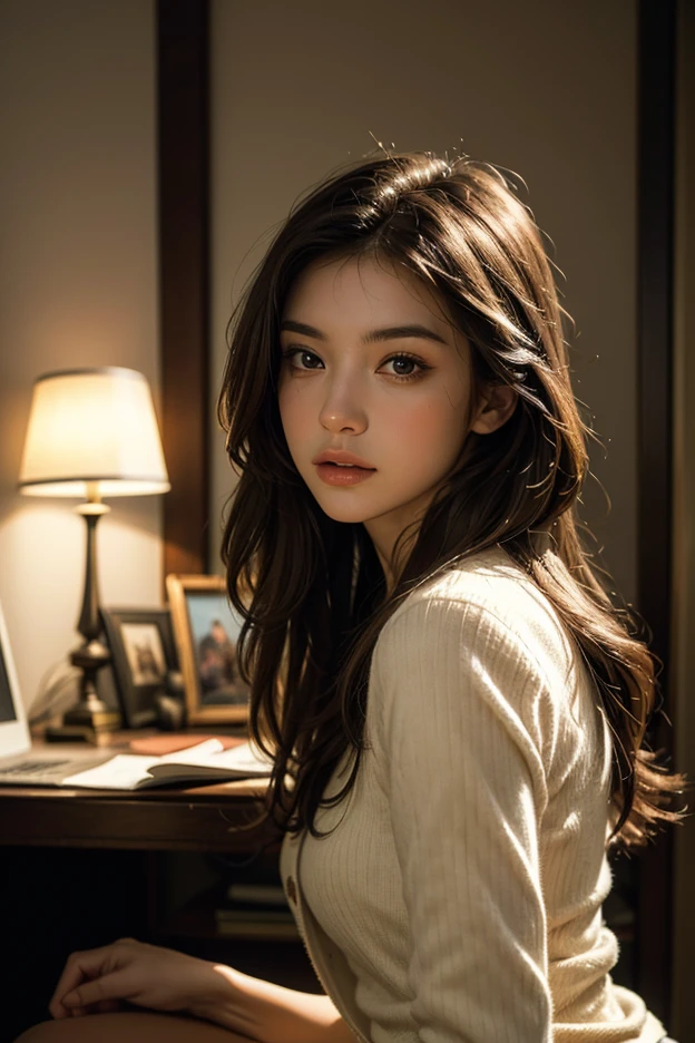 realistic, table top, best quality, RAW photos, 1 girl, alone, long hair, brown hair, detailed face, an alluring face, collar shirt, medium chest, dynamic pose, looking at viewer, from below, detailed background, detailed, intricate details, ray tracing, depth of field, low key, nffsw