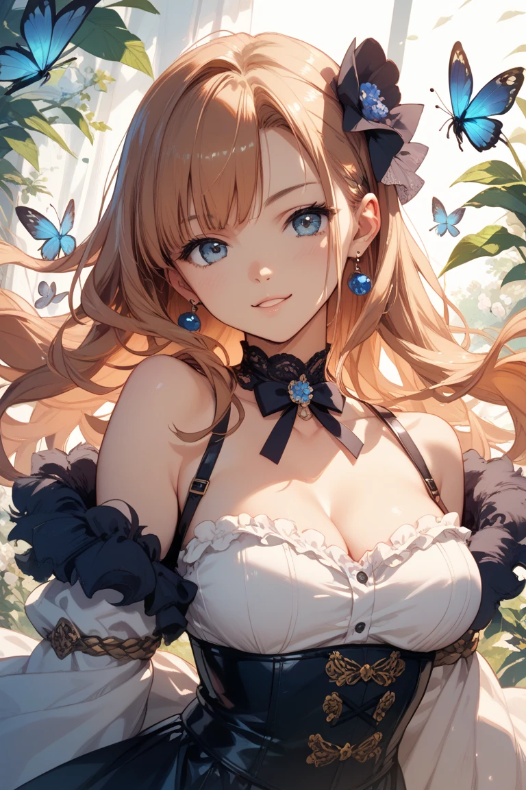 Bet(2.0)、Composition from above、(masutepiece:1.3), (8K, Photorealistic, Raw photo, Best Quality: 1.4), Beautiful face, (Realistic face), Beautiful detailed eyes, (Realistic skin), Attractive, Intricate details,Golden ratio, 1 girl,Naughty smile, (rainbow hair:1.4),((Long twintails,Ribbon 1.4)),Blue butterfly pajamas,(Blue Butterfly Hair Ornament 1.3)、Gift Costumes、Koi、heartbackground、Heartlight、cleavage of the breast、Beautiful breasts
