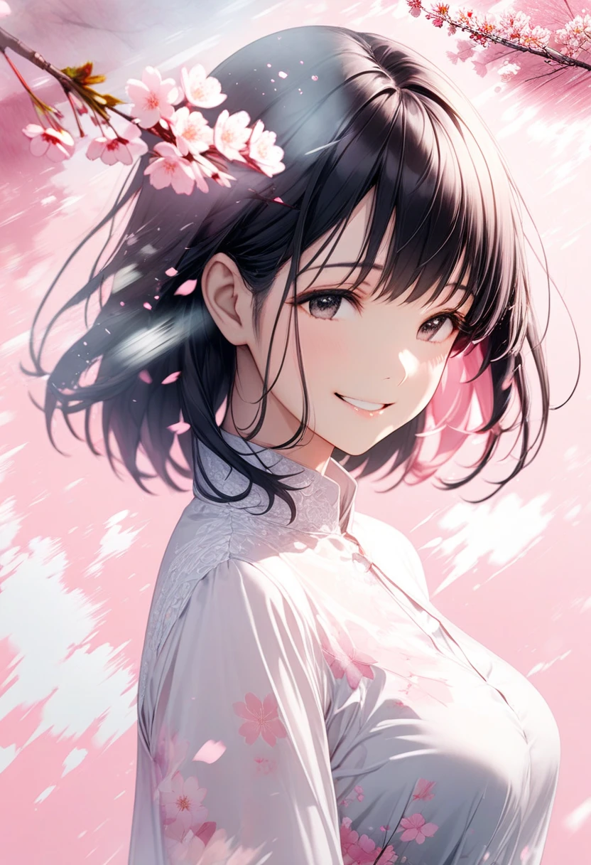Black-haired beauty, A gentle smile for a lover, looking here, white blouse and gray long skirt, Close-up of upper body, Cherry blossom trees(double exposure:0.6, pink background blur, cherry blossom blizzard effect:1.2)