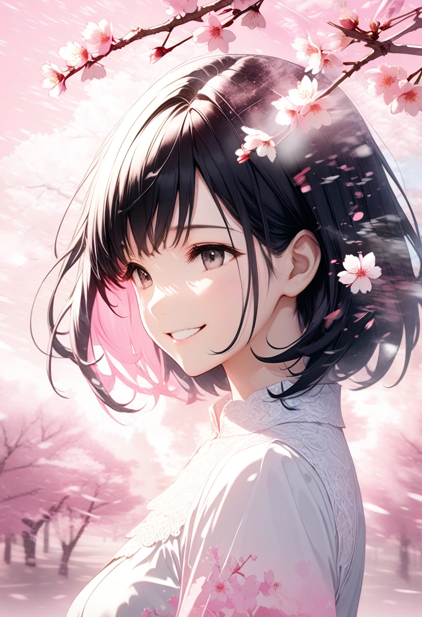 Black-haired beauty, A gentle smile for a lover, looking here, white blouse and gray long skirt, Close-up of upper body, Cherry blossom trees(double exposure:0.6, pink background blur, cherry blossom blizzard effect:1.2)
