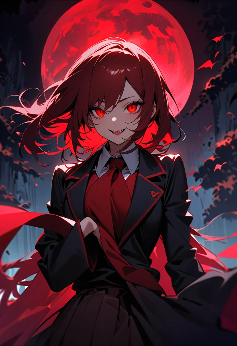 A girl with red curly hair, light purple eyes, beautiful eyes, white school uniform, Black cloak, black blazer, holding a scythe glowing red, 5 cards glowing red floating in the background, grining expression, dark background, dark atmosphere, ghost