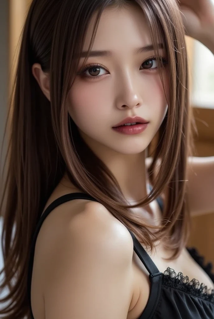 ((Top Quality, 8k, Masterpiece: 1.3)), (Realistic, Photorealistic: 1.3), Photography, Japan Person, Beauty, 1 Girl, Big: 1.3, Slender Waist: 1.1, Dark Brown Hair, Wearing a Kimono, Less Exposed Skin, Standing, Happy, Looking Forward, Ultra Detailed Face, Highly Detailed Lips, Detailed Eyes, Double Eyelids, Detailed Clavicle, Dark droopy Eye Makeup, Seduction, Japan Eyes Dark eyeliner, long eyelashes, blushy cheeks, smile, shy and attractive lips, sushi restaurant interior, professional proof