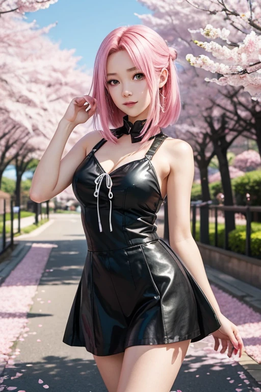 (realistic, highest quality: 1.4),(woman,smile(pink and white hair)),((Show your armpits)open your legs)(playboy bunny,rabbit ears, black rabbit ears, fake rabbit ears, pantyhose, black pantyhose,bowtie, wrist cuffs, black leotard),(garden,colorful flowers)
