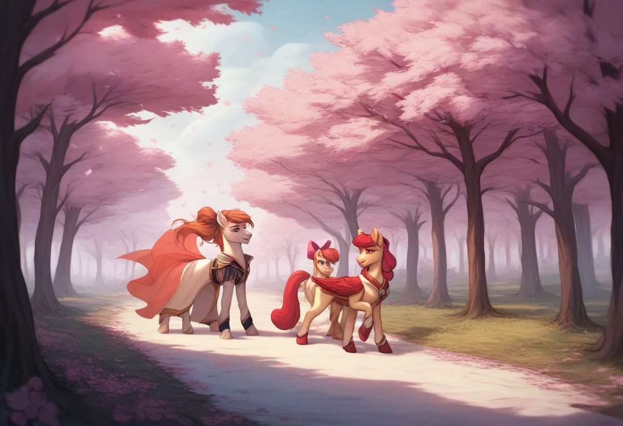 My Little Pony, Couple, Valentine Day, Pony couple meeting in the park, [male pony: ((gray fur)), ((long mane)), ((black mane)), ((black tail)), ((long tail)), ((piercing on ear))], [Female pony: ((yellow fur)), ((curly hair)), ((red mane)), (curly tail), ((red tail))], ((Obra de arte)), ((alta definição)), Hooves, [Fundo: Parque, árvores, lamparinas, pássaros voando, céu, núvens, sol, ponies walking through the park]