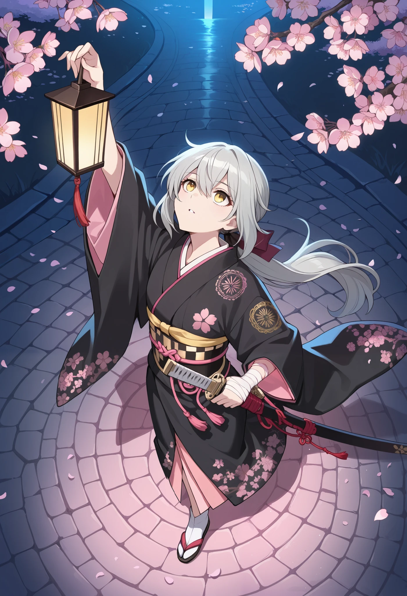 (Masterpiece, best quality) ,highly detailed, intricate details, JK, from above, lifting up lantern, looking up, colorful flowers, kimono with layers of delicate black and pink silk, adorned with intricate embroidery of golden thread, long hair, gray hair, low ponytail, black kimono, light skin, yellow eyes, swordbelt, sword sheathe, sword pommel, pink glow, cherry blossoms, falling petals, night, unsheathing, shadows, cherry blossoms in full bloom, cobblestone path, pink glow, bandages,