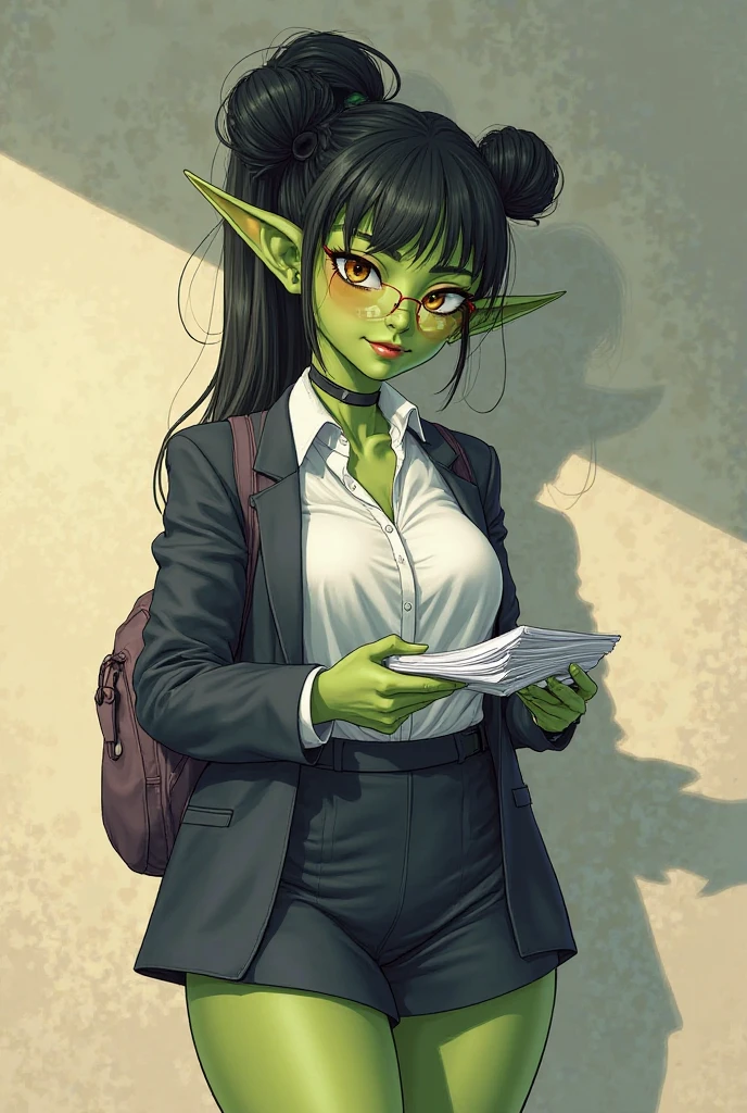 ((best quality)), ((masterpiece)), (detailed), goblin girl, (green skin), purple hair, playing nintendo, having fun, shortstack, glasses, dynamic pose