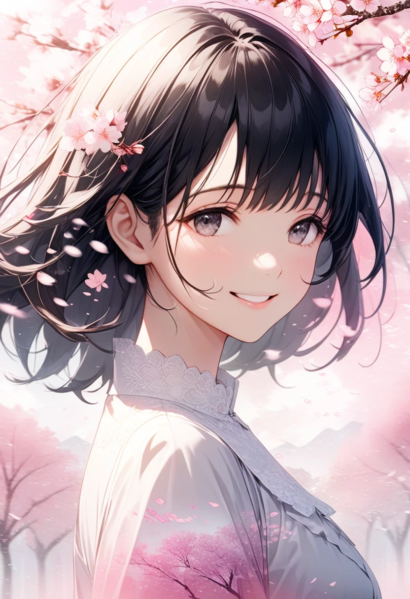 Black-haired beauty, A gentle smile for a lover, looking here, white blouse and gray long skirt, Close-up of upper body, Cherry blossom trees(double exposure:0.6, pink background blur, cherry blossom blizzard effect:1.2)