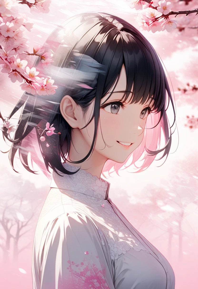 Black-haired beauty, A gentle smile for a lover, looking here, white blouse and gray long skirt, Close-up of upper body, Cherry blossom trees(double exposure:0.6, pink background blur, cherry blossom blizzard effect:1.2)