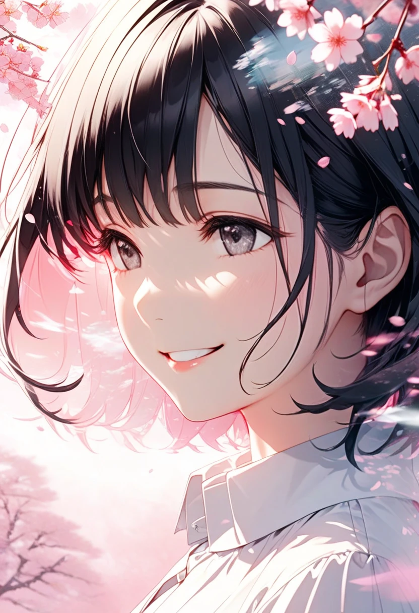 Black-haired beauty, A gentle smile for a lover, looking here, white blouse and gray long skirt, Close-up of upper body, Cherry blossom trees(double exposure:0.6, pink background blur, cherry blossom blizzard effect:1.2)