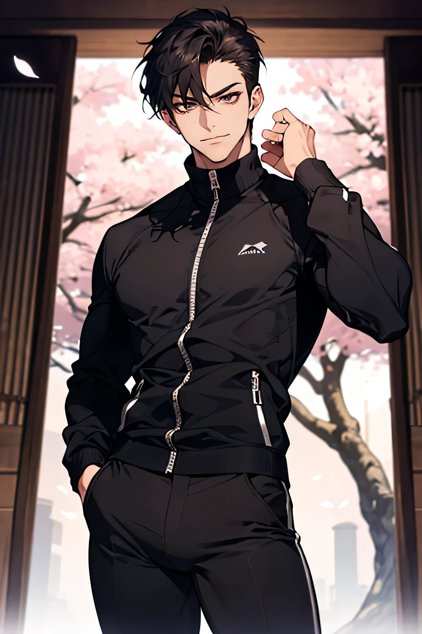  Man Two 　　handsome　very short black hair　Fierce　smile　　wide thigh opening　　　under a cherry tree　solid black long sleeve 　　solid black tight high neck shirt　full zip up　　　Tight Long Long Pants　　Mega Bulge　　 slim figure　wide thigh opening