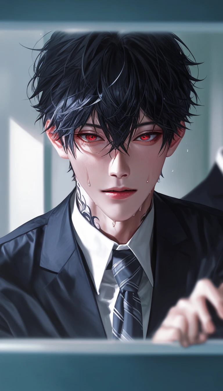 Best quality, 1 man,handsome,Black pupils,Short black hair, Deep sunken eyes, Indifferent expression, Teardrop birthmark under the left eye, wearing black suits, Dark red shirt, dark grey tie, Often carry folding knives with black bone handles, A high resolution