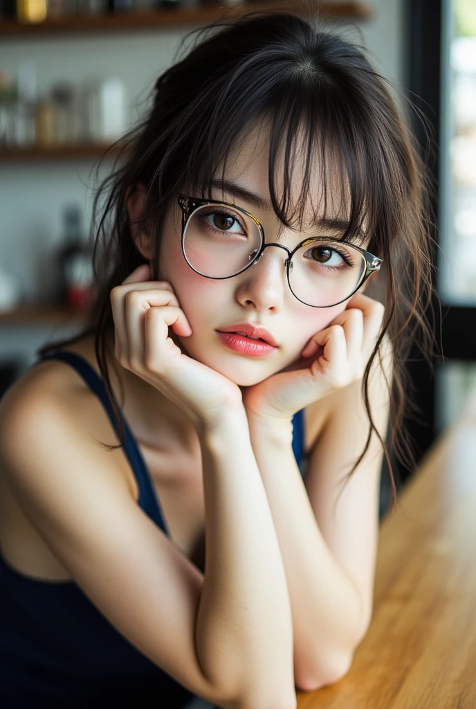 ((Best Quality)), ((傑Best Quality、masterpiece、high sensitivity、nothing、Detailed Explanation、describe a delicate face)) Slender Woman、glass、happy smile、 shorts with r 、place your chin in your hands、 on the bar counter 、