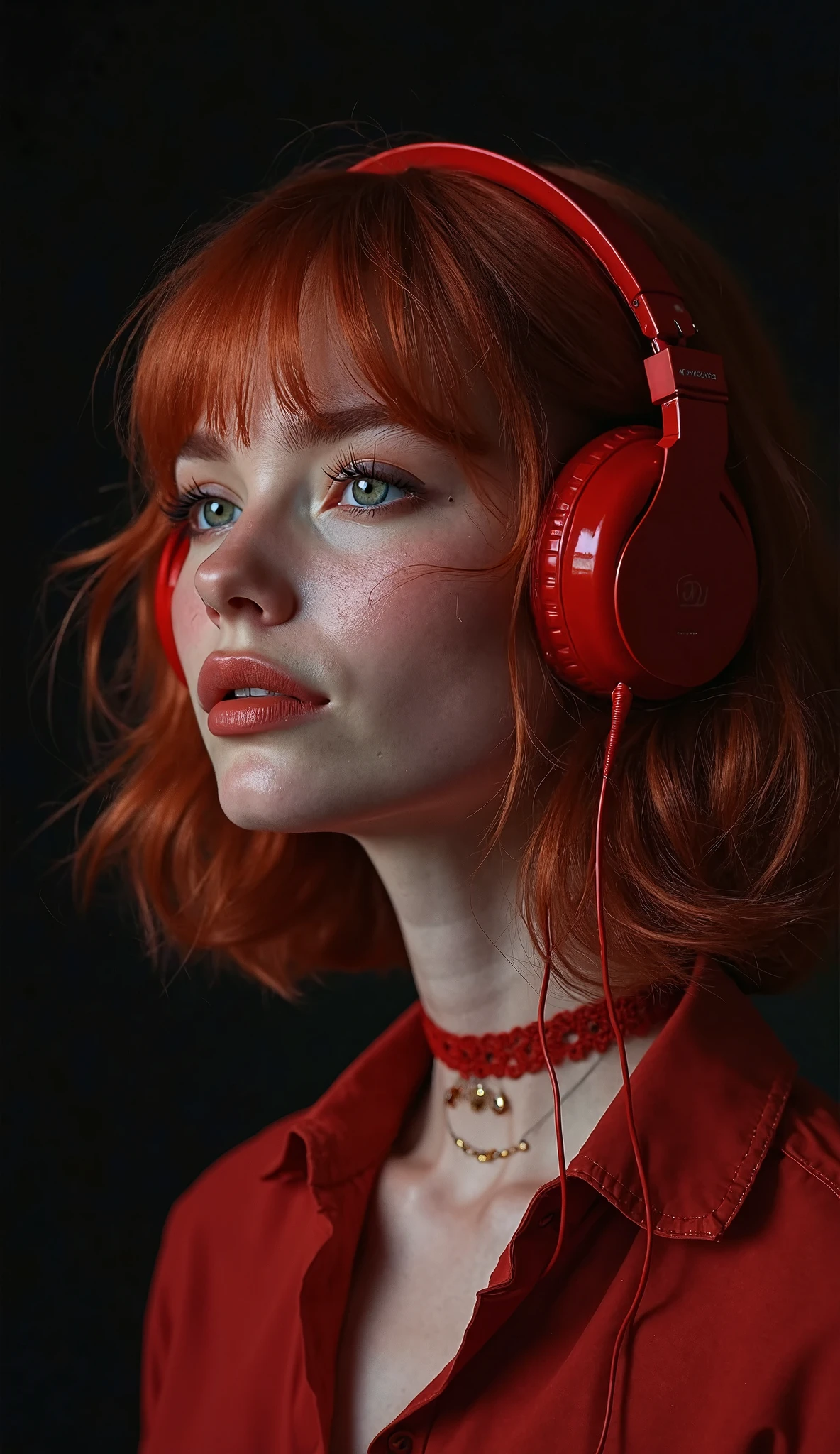 1little girl、Old plaster, (Art by Joana Vasconcelos:1.4) ,Art by Valentine Penrose, photograph, Zoom out from stressed woman, Wearing an ingenious Islamic concrete sweater, Fashion Modeling Pose, semilong hairstyle, Glossy headphones, Sketched, Shameless, Lunapunk, flat lighting, Red theme background