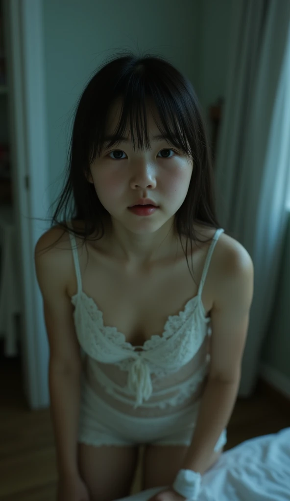 8years old、Children's body shape、Round face、round cheeks、looking at the viewers、、realisitic、1人、a small face、、cowboy shot、Narrow and cramped room、Camisole、、Japan's Red Light District、((Prostitutes))、(deep in the night)、(Night view from the window)