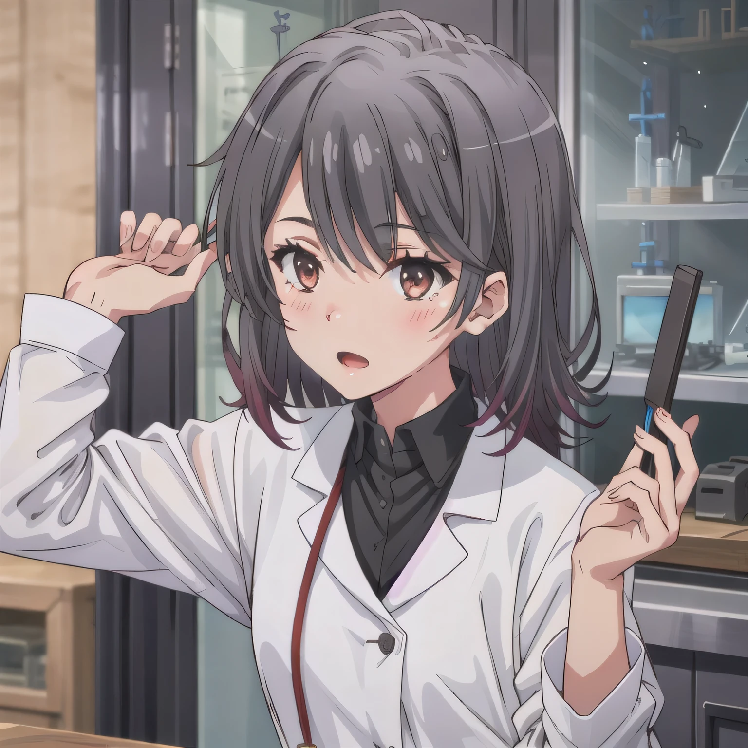 Depict a 20-year-old, stunningly beautiful woman conducting an experiment in a well-equipped science lab. She wears a pristine white lab coat over professional attire, her expression focused as she carefully handles scientific instruments. Whether her hair is long and neatly tied back or short and styled, she maintains a meticulous appearance suited for the lab environment. The background features shelves filled with scientific equipment, adding to the immersive atmosphere of the setting. Black hair, bob haircut, brown eyes.
