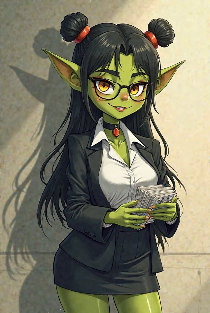 (detailed), 4k, green skin, small pointy ears, portrait goblin woman psychiatrist, wearing blouse and skirt, sitting in large red armchair in a psychiatry office, sly smile, long silver hair, holding pad of paper and pen, crossed legs, low pov, silk pantyhose, dim lighting