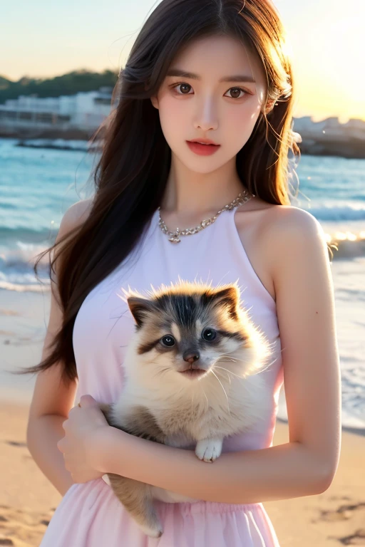 best quality, ultra high resolution, (photorealistic: 1.4), (detailed beautiful girl: 1.4), (medium breasts: 0.8), olhando_no_visualizador, detailed facial details, beautiful and detailed eyes, (brown hair), brown eyes, smile (makeup: 0.4), red lips, (full body, sitting, beach, high waves, ), very detailed clothes, (ulzzang-6500-v1. 1:0.3) \, cats, strong wind,