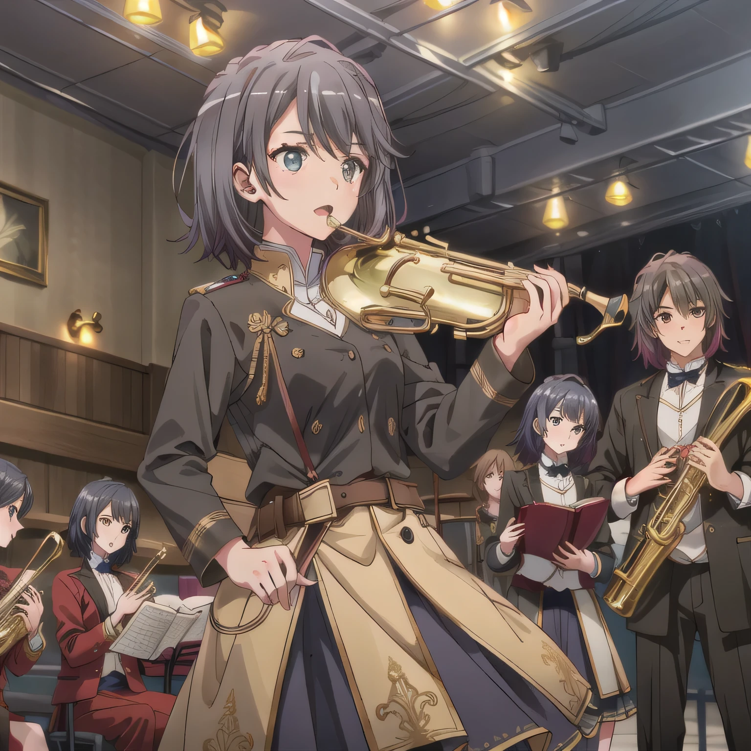 Depict a 20-year-old, dazzlingly beautiful woman playing a brass instrument in a grand concert hall. She wears an elegant yet practical band uniform, designed with intricate gold embroidery. Her posture is poised, fingers positioned with precision, her eyes focused as she plays passionately. The warm stage lighting highlights the shine of her instrument, creating a visually striking contrast between her and the surrounding orchestra. Black hair, bob haircut, brown eyes.