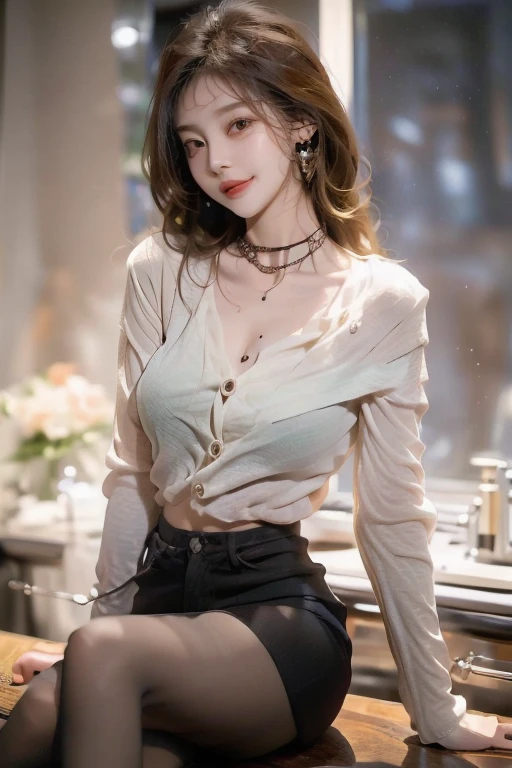 Ultra detailed complex 3D rendering of a woman, ((cabelo preto), (((cabelo curto))), cabelo liso, ((com rosto fofo)), boca um pouco aberta, camisa larga, camisa mostrando ombro, a hand behind the head, peito medio, Olhos preto, expressao fofa, 150mm, Beautiful soft studio light, Anel luminoso, detalhes vibrantes, renda, hiper-realista, anatomic, facial muscles, fundo bonito, octane rendering, Estilo HR Giger, 8k, melhor qualidade, obra prima, illustration, extremamente delicado e bonito, extremamente detalhado, CG, unidade, papel de parede, (realista, fotorrealista | |: 1,37), Awesome, finamente detalhe, obra prima, melhor qualidade, Arte Oficial, papel de parede 8k de unidade CG extremamente detalhado, Absurdo, incrivelmente Absurdo, mulher, city scenery