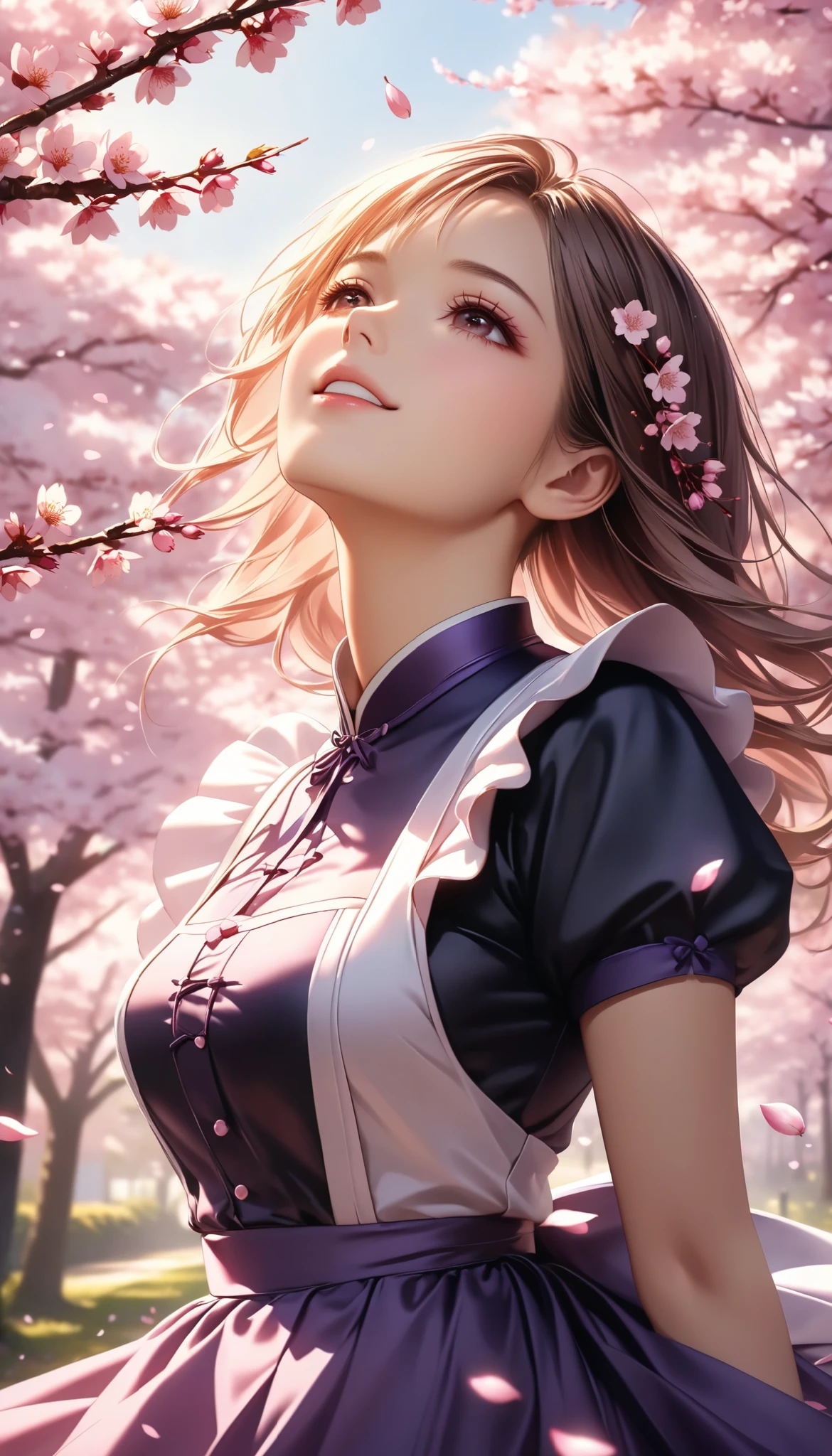 cherry blossoms dance all over, Cherry blossom trees, One Woman Looking Up, Tranquil and Sweet, high quality DVD, realistic, extreme detail, professional , 4K rendering, Art Photography, Bokeh, Warm Tones, cherry blossom petals dance, quiet atmosphere, women's upper body, purple ruffled dress, Japanese Maid, Delicate Facial Expressions, Slowly Gestures, Soft Light Shines In, beautiful spring garden, Swaying Cherry Blossom Branches, Relaxed Posture.