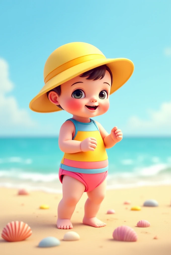 Chubby baby in a swimsuit on a beach