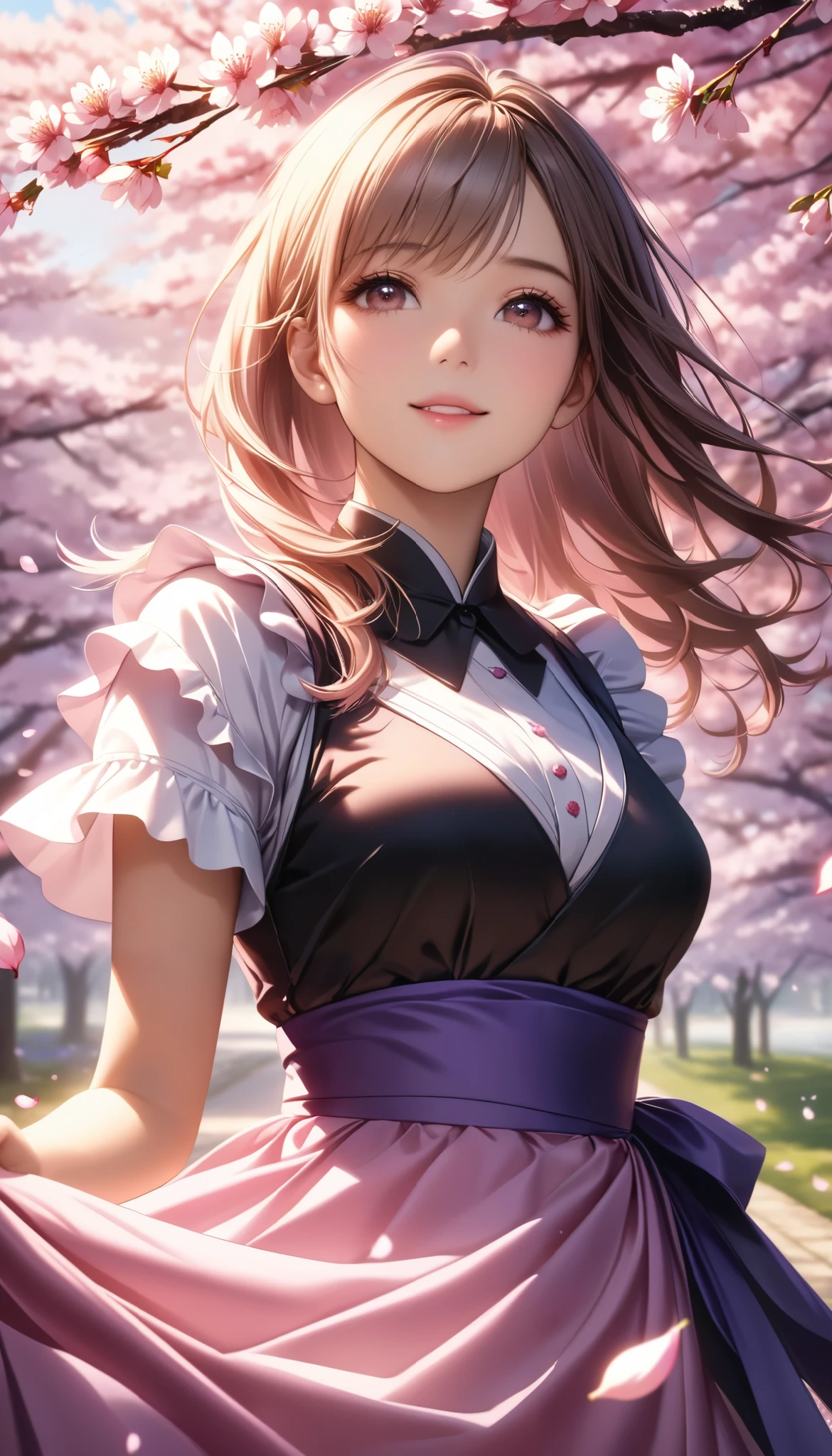 cherry blossoms dance all over, Cherry blossom trees, One Woman Looking Up, Tranquil and Sweet, high quality DVD, realistic, extreme detail, professional , 4K rendering, Art Photography, Bokeh, Warm Tones, cherry blossom petals dance, quiet atmosphere, women's upper body, purple ruffled dress, Japanese Maid, Delicate Facial Expressions, Slowly Gestures, Soft Light Shines In, beautiful spring garden, Swaying Cherry Blossom Branches, Relaxed Posture.