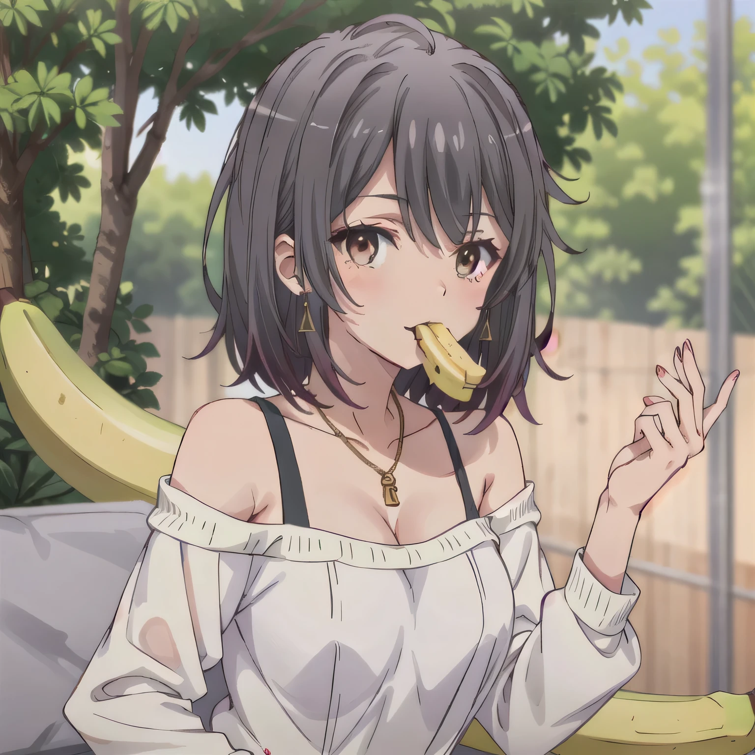 She is holding a banana with its peel partially removed, revealing the white fruit inside. She is eating the exposed white part. Black hair, bob haircut, brown eyes.