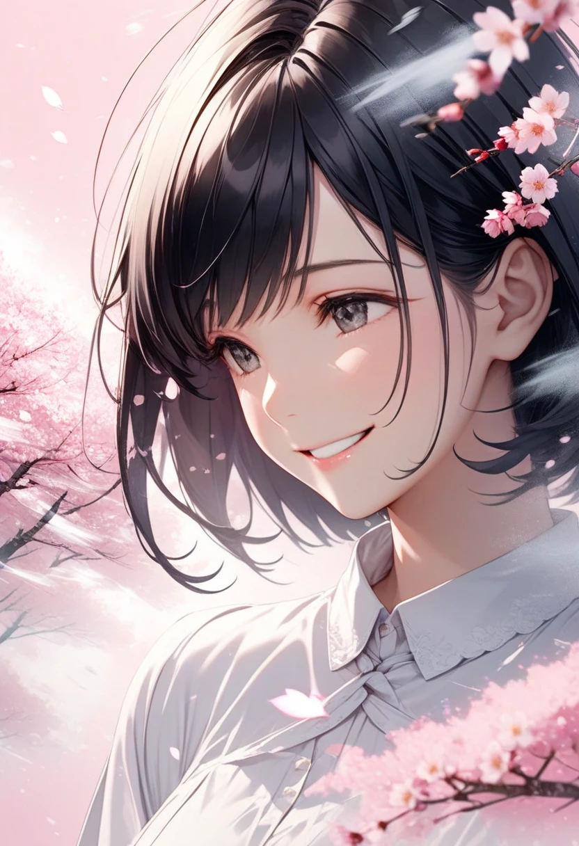 Black-haired beauty, A gentle smile for a lover, looking here, white blouse and gray long skirt, Close-up of upper body, Cherry blossom trees(double exposure:0.6, pink background blur, cherry blossom blizzard effect:1.2)