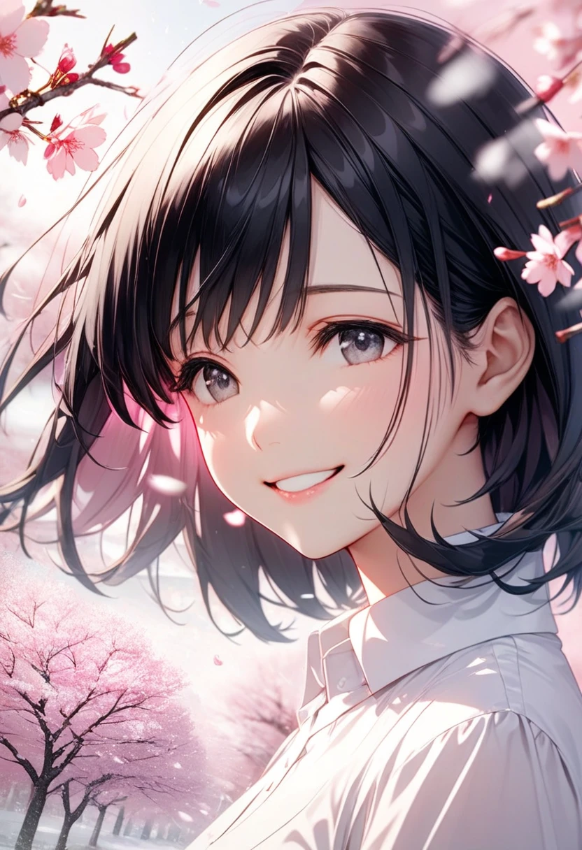 Black-haired beauty, A gentle smile for a lover, looking here, white blouse and gray long skirt, Close-up of upper body, Cherry blossom trees(double exposure:0.6, pink background blur, cherry blossom blizzard effect:1.2)