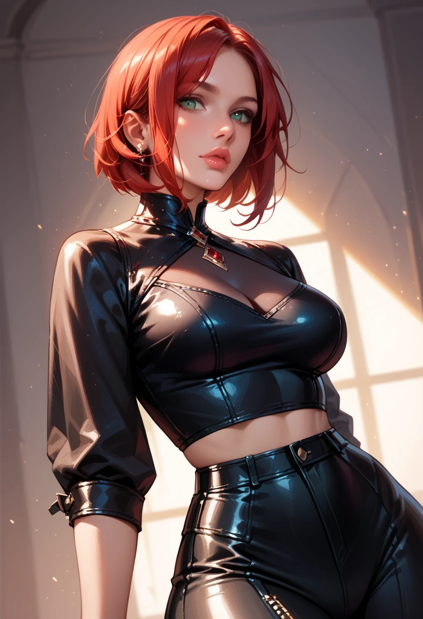 1girl,a beautiful fashion model ,(masterpiece, detailed background, best quality),short and shiny hair, red hair, hair with highlights, bangs, smirk,juicy lips,red lips, calmart, lingerie, stripping, elegant makeup, blue eyes, full body shot, (shiny skin), cyberpunk, sci fi, boa, extravagant jewelry, cocky expression, covered in jewelry, fancy, , bra, thong, stripping, cyberpunk club, stripper pole