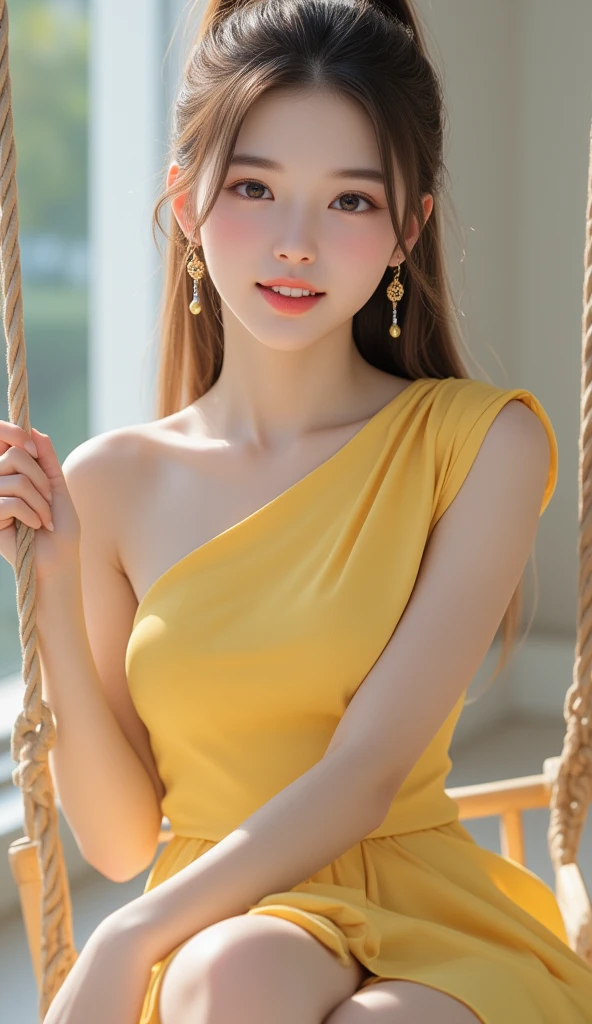 fashion modell, perfect  eyes, Perfect iris, Perfect lips, perfect teeth, flawless skin, Glow, (Subdued Color:1.2), Baby Face Woman, 
Gorgeous dress up, yellow dress,
Standing, 
Kamimei, Photorealsitic、8k picture