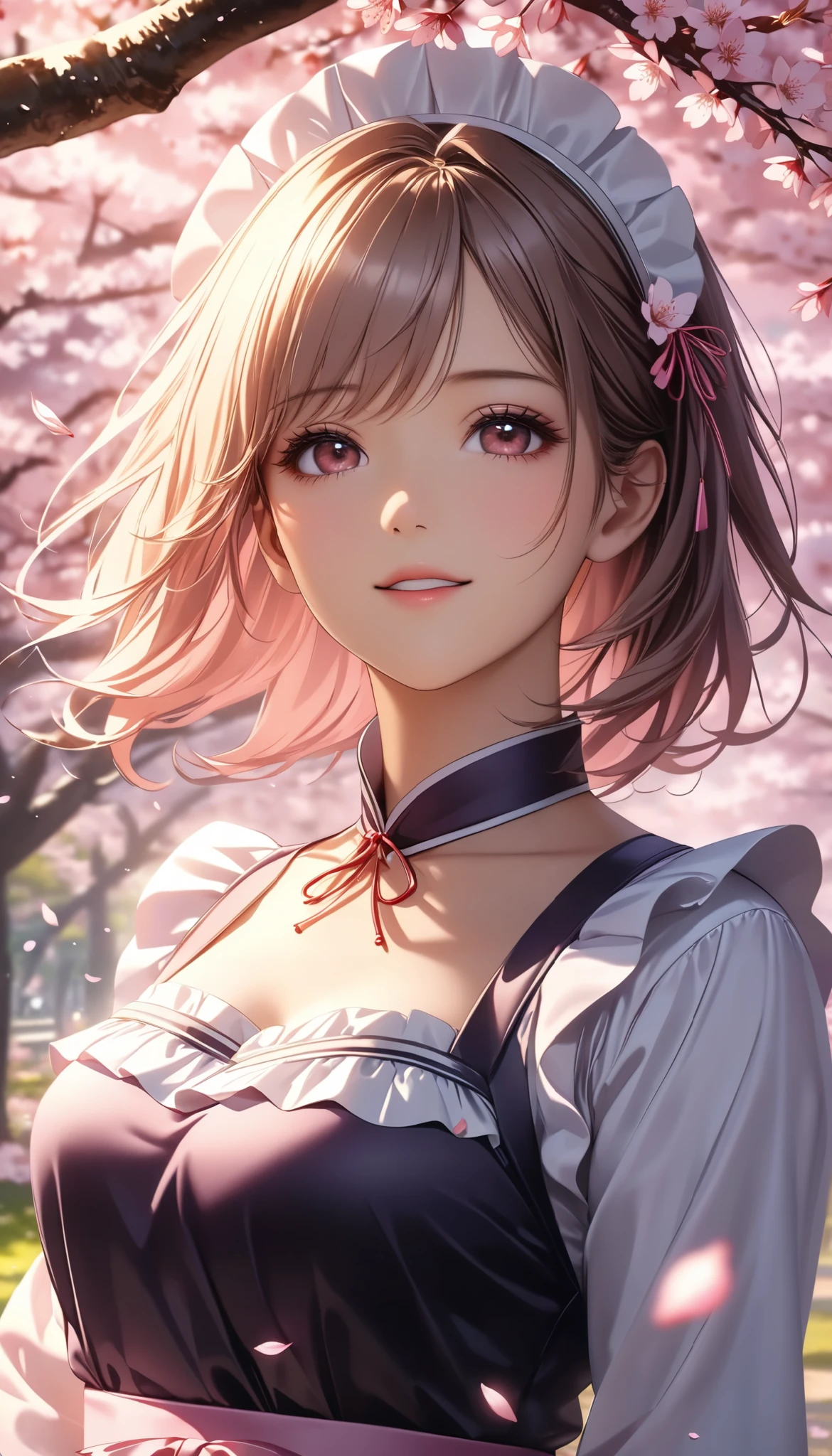 cherry blossoms dance all over, Cherry blossom trees, One Woman Looking Up, Tranquil and Sweet, high quality DVD, realistic, extreme detail, professional , 4K rendering, Art Photography, Bokeh, Warm Tones, cherry blossom petals dance, quiet atmosphere, women's upper body, purple ruffled dress, Japanese Maid, Delicate Facial Expressions, Slowly Gestures, Soft Light Shines In, beautiful spring garden, Swaying Cherry Blossom Branches, Relaxed Posture.