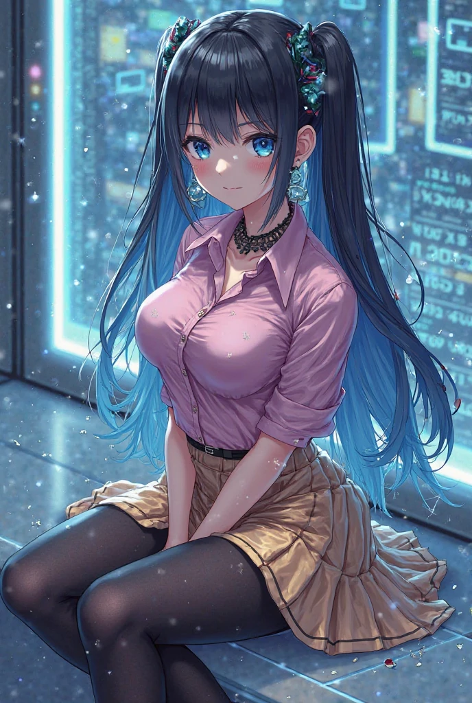 masterpiece, best quality, very aesthetic, absurdres, 1girl, mature_lady, 1girl, thighhighs,one thighhigh is white, another thighhigh is black, white stocking, black stocking, covered_bra,pink_bras, pleated skirt, shirt tucked in, tented shirt,bow, wet_clothes,raining,waterdrop,,cang_yue_(tou_xing_jiuyue_tian), blue_hair,expressionless, floating_hair, long_hair, bandage_over_one_eye, ,Cyberpunk City, Street, Night, neon light, neon sign,,floating_hair