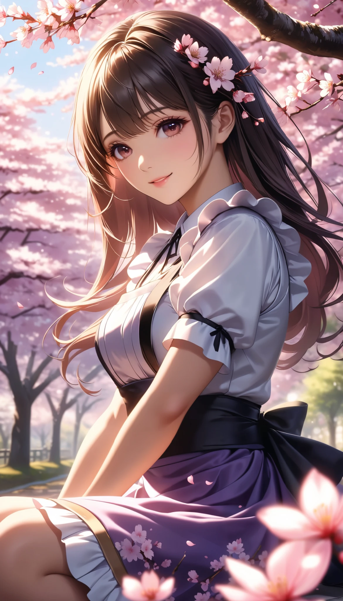 cherry blossoms dance all over, Cherry blossom trees, One Woman Looking Up, Tranquil and Sweet, high quality DVD, realistic, extreme detail, professional , 4K rendering, Art Photography, Bokeh, Warm Tones, cherry blossom petals dance, quiet atmosphere, sit under a tree, Hug your legs, purple ruffled dress, Japanese Maid, Delicate Facial Expressions, Slowly Gestures, Soft Light Shines In, beautiful spring garden, Swaying Cherry Blossom Branches, Relaxed Posture.