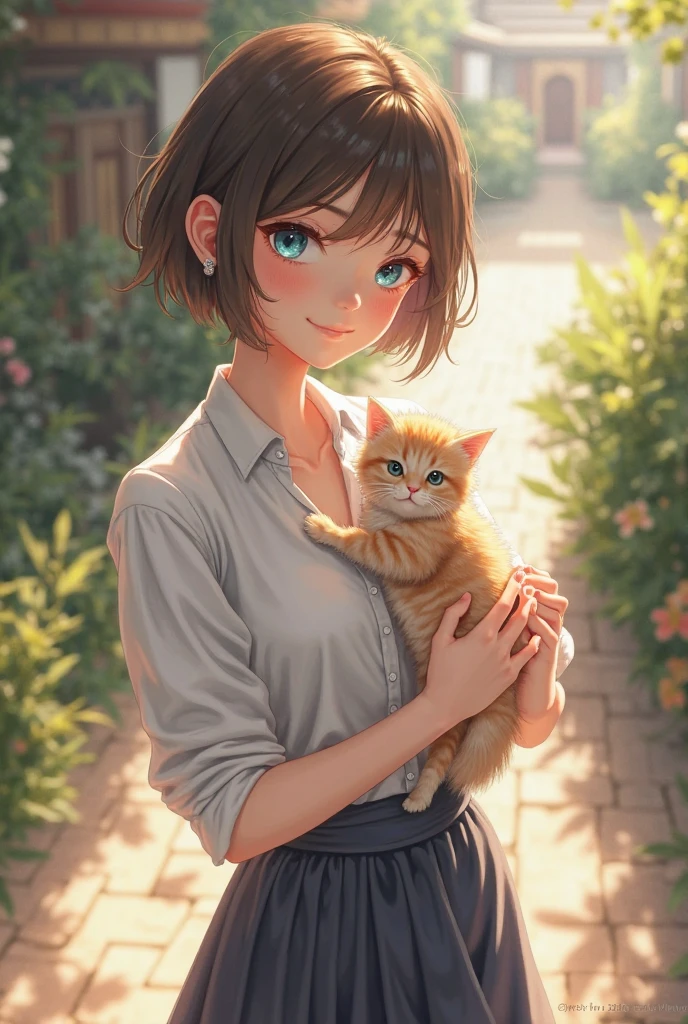 masterpiece,8k, girl holding a kitten,Smile, blue eyes, short hair,Long skirt,Refined appearance,standing,(Vision 1.5)Bird's-eye view