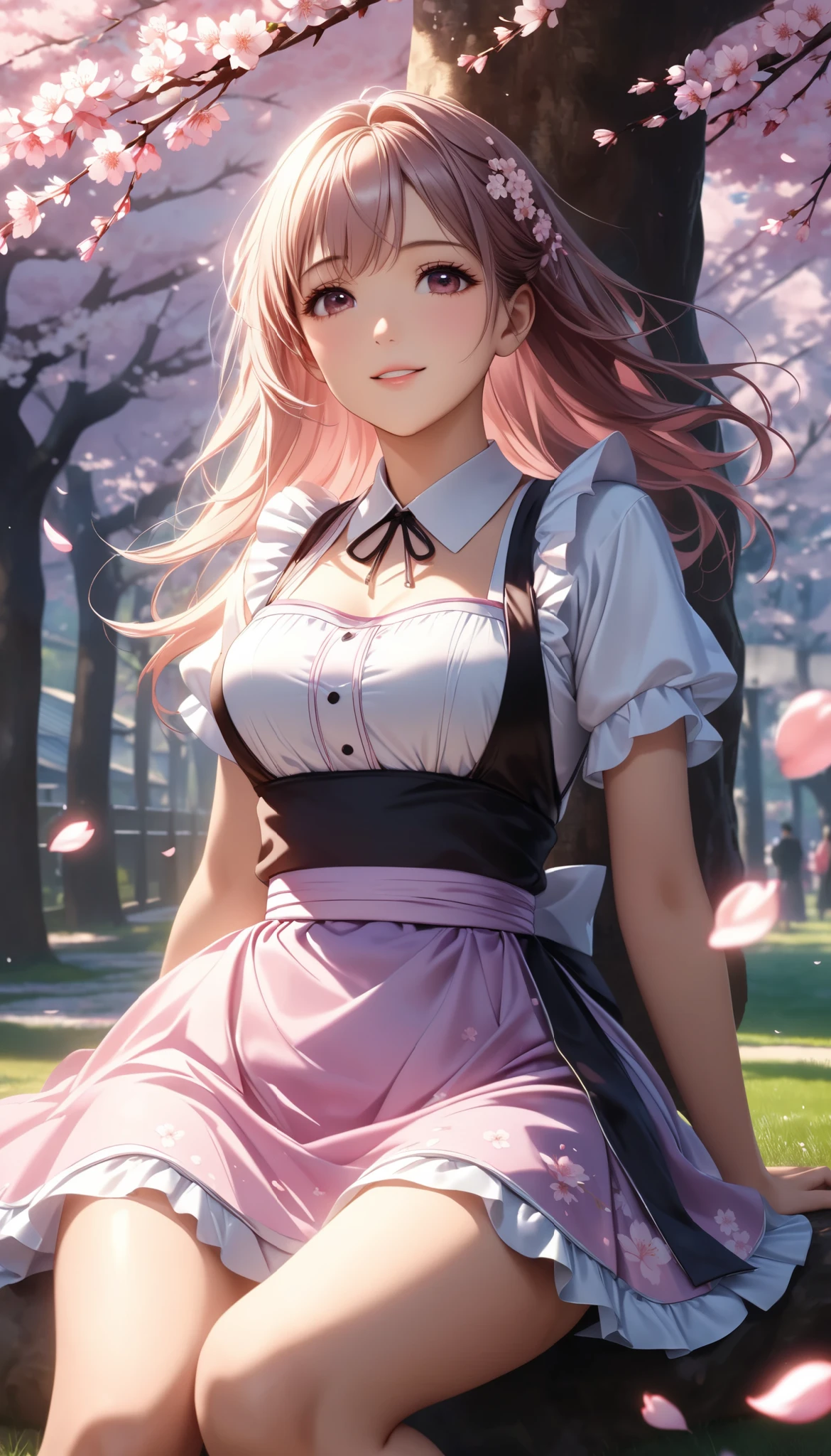 cherry blossoms dance all over, Cherry blossom trees, One Woman Looking Up, Tranquil and Sweet, high quality DVD, realistic, extreme detail, professional , 4K rendering, Art Photography, Bokeh, Warm Tones, cherry blossom petals dance, quiet atmosphere, sit under a tree, Hug your legs, purple ruffled dress, Japanese Maid, Delicate Facial Expressions, Slowly Gestures, Soft Light Shines In, beautiful spring garden, Swaying Cherry Blossom Branches, Relaxed Posture.