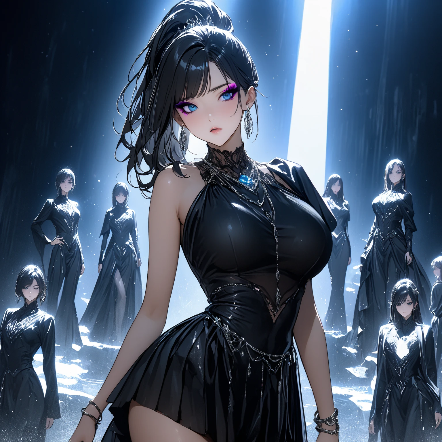 ((masterpiece, best quality, ultra-detailed, high resolution, extremely detailed CG, super detailed, Most beautiful clean lighting)), 1girl, small girl, under 12, cute girl, pretty face, smile, white skin, Beautiful black hair, hair cut in a row, bob cut, straight hair, black eyes, kawaii, slender, small build, flat chest, nsfw, topless, Fantasy world, world of death, black dress, skeletons, necromancer, necromancer, dark, magical world, Dark princesses, army of death, skeleton soldiers and a group of zombies.