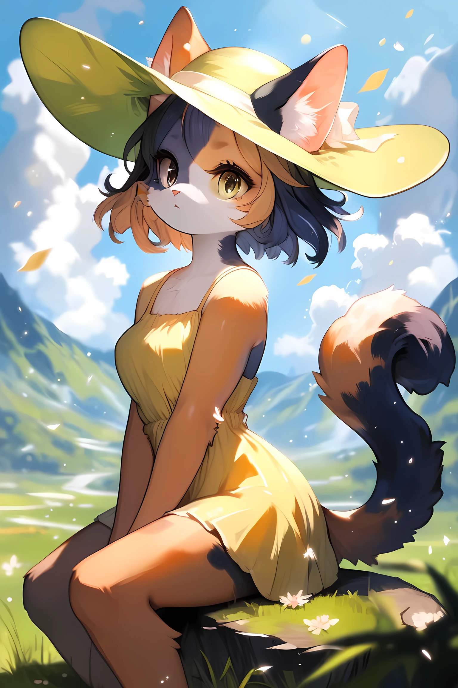 score_9, score_8_up, score_7_up, source_furry, (detailed eyes, beautiful eyes, black pupils, pupils)1.2, (beautiful, detailed background, very aesthetic, digital artwork, digital art, well shaded artwork, depth)1.2, anime - style image of a woman furry, calico cat furry, yellow sundress and yellow hat, short hair, grassfield, beautiful girl, beautiful scenery, (SFW VERSION)1.2, sitting on a rock, grassy rock, looking at scenery, pixiv art, masterpiece, side view