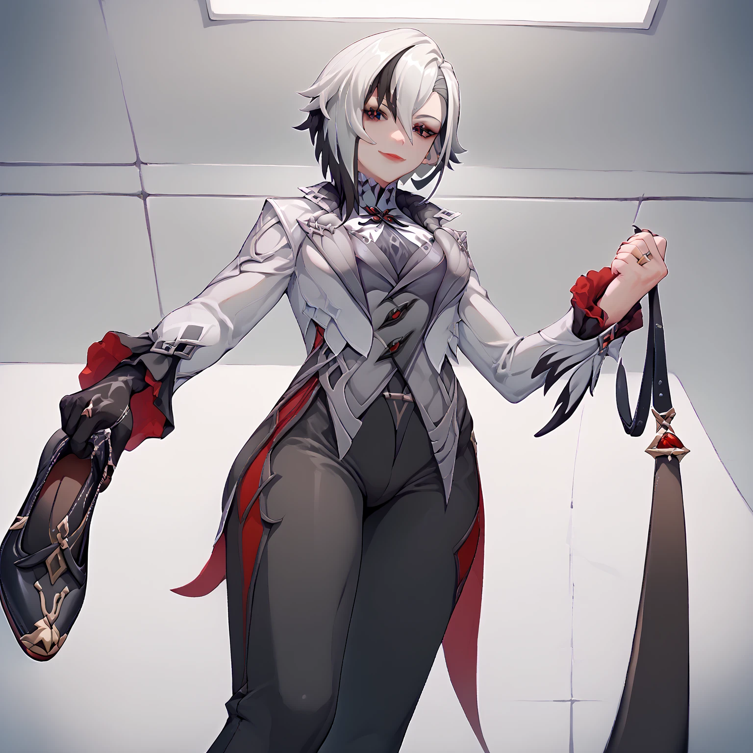 ((masterpiece, best quality)), (1girl), (solo), (female focus), (ahoge, white hair, short hair), black eyes, ((white shirt), (buttoned shirt)), (black skirt), (short skirt), standing, white background, arms behind the back, knife in hand