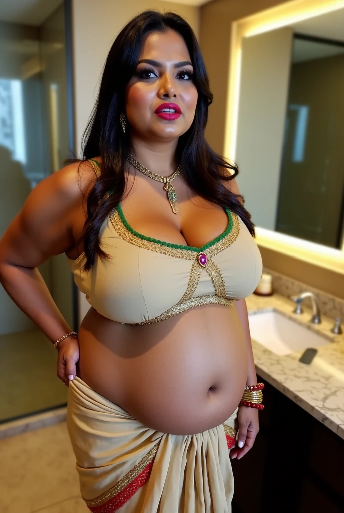 A typical Omani woman, wearing typical Omani costumes and accessories. Inside a traditional Omani site. With a band on his arm in the colors of the Omani flag. chubby. beautiful face. Linda. hyperrealisti. hyper detailled. pregnant breasts. sitting on a bench. NUDE. at dusk. 9 months pregnant.