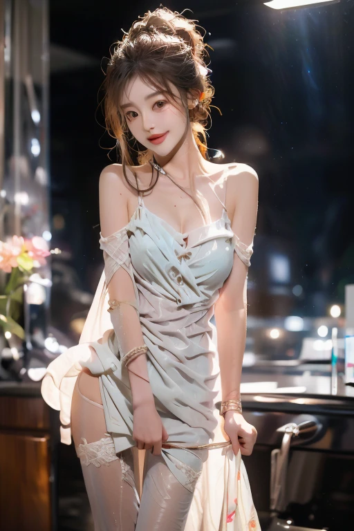 dress, ((knee shot)), 8k, masterpiece, original photo, best quality, detail:1.2), ((Shoot at random angles)), lifelike, Extremely detailed CG unified 8k wallpapers, depth of field, film light, lens flare, Ray tracing, (extremely beautiful face, beautiful lips, beautiful eyes), intricate detail face, ((ultra detailed skin)) 1 girl, in the darkness, deep shadow, Beautiful Korean girl, kpop idol,(Very slim and slender figure:1.3), A plump chest, (bright smile), (City night, (neon sign), (night), Beautiful Korean girl, white diamond earrings, Diameter bracelet, Dia necklace, pantyhose, clear eyes, walk, (big eyes), ((Lace's))